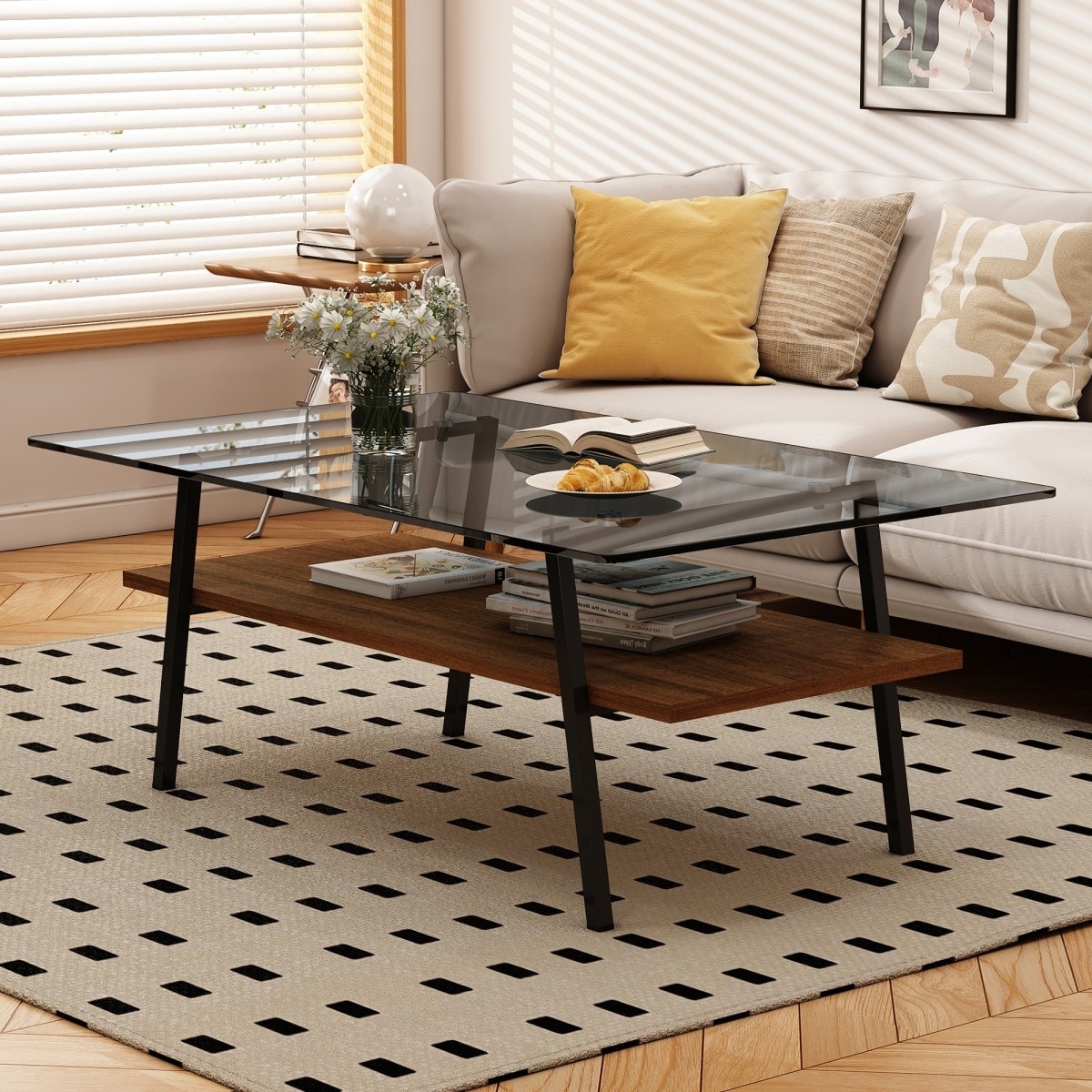 38.58" Tempered Glass Tabletop Rectangle Coffee Table with Metal Legs