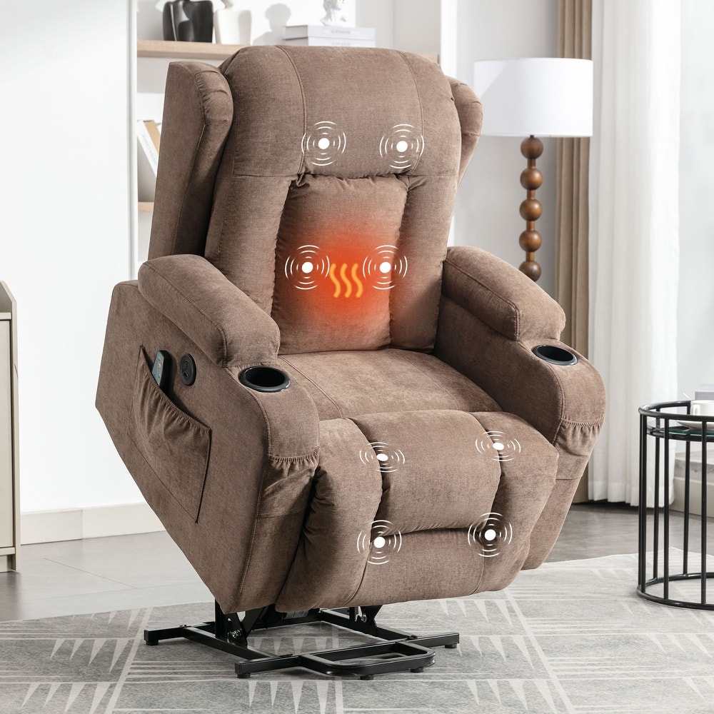 Brown Power Lift Recliner with Heat, Massage, USB Port, Side Pocket, and Adjustable Recline for Living Room Comfort