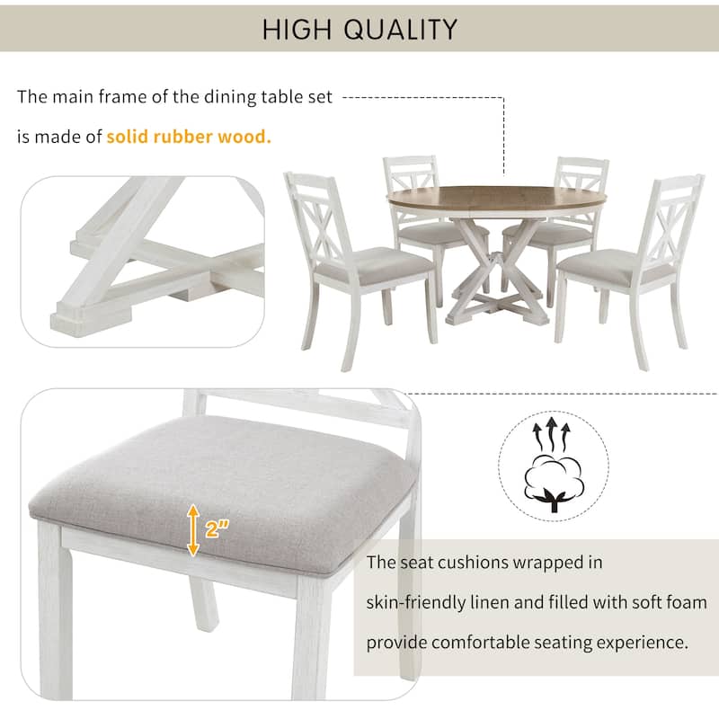 5-Piece Retro Dining Set, Extendable Round Table & 4 Upholstered Chairs