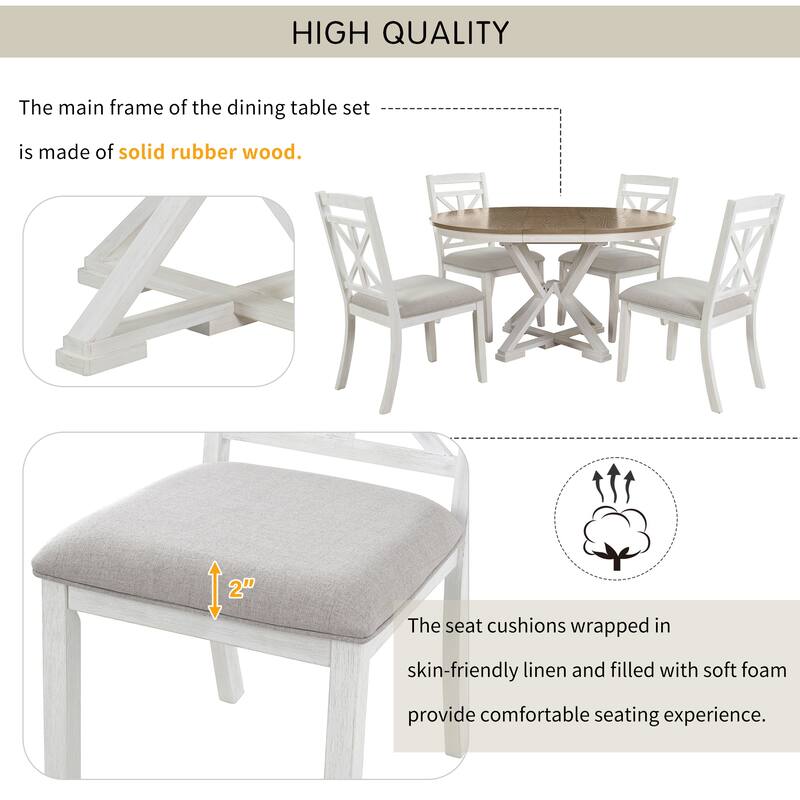 GDFStudio - 5-Piece Extendable Round Dining Table Set with 4 Upholstered Chairs, for Dining Room and Living Room