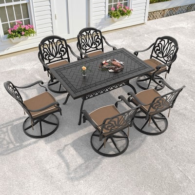 7-Piece Aluminum Rectangular Outdoor Patio Dining Set, 6 Cushioned Swivel Chairs, Table, All-Weather Frames