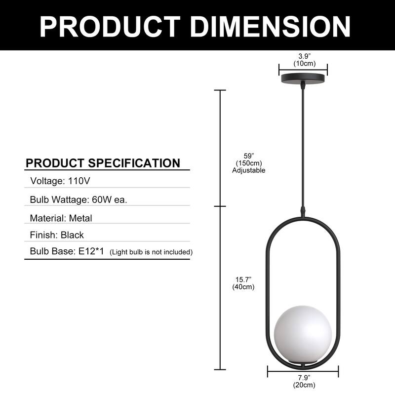 Modern Black Globe Pendant Lighting - 1-Light Hanging Fixture with White Glass Shade for Kitchen, Dining Room, Bedroom