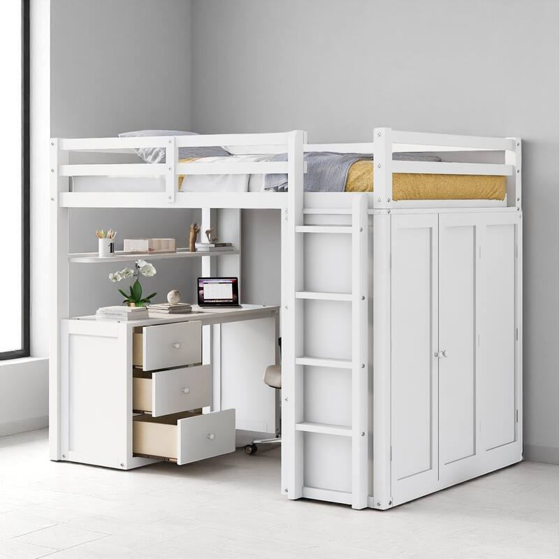 Wooden Twin/Full Loft Bed with Built-in Desk, Wardrobe Closet & Storage Drawers, Guardrail Design - White - Full