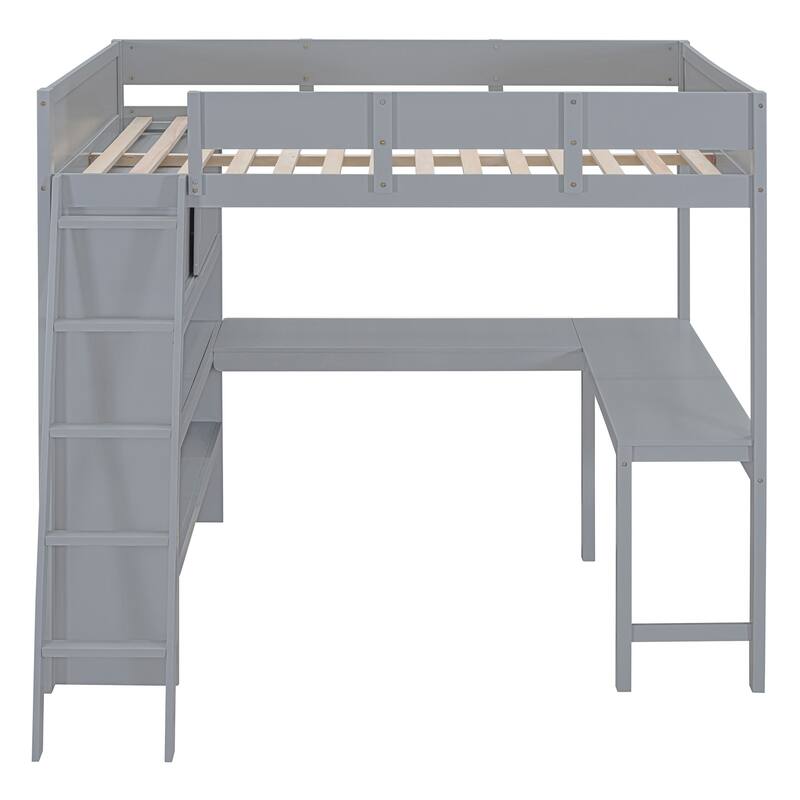 Full Size Loft Bed with Desk and Shelf in Gray and White