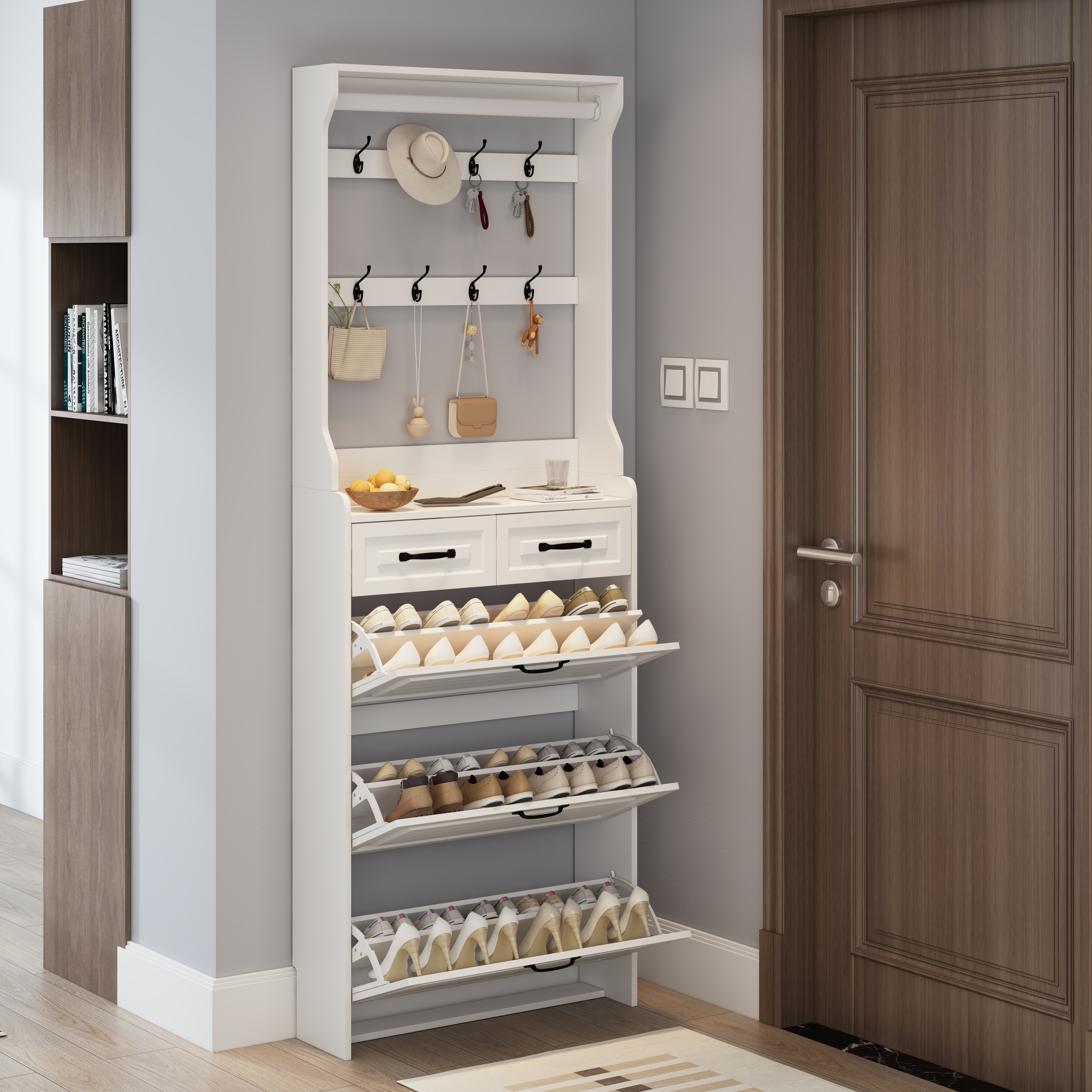 Shoe Cabinet with Hanger, Slim Hidden Shoe Rack Cabinet, Narrow Shoe Cabinet with 3 Flip Drawers & 2 Sliding Drawers