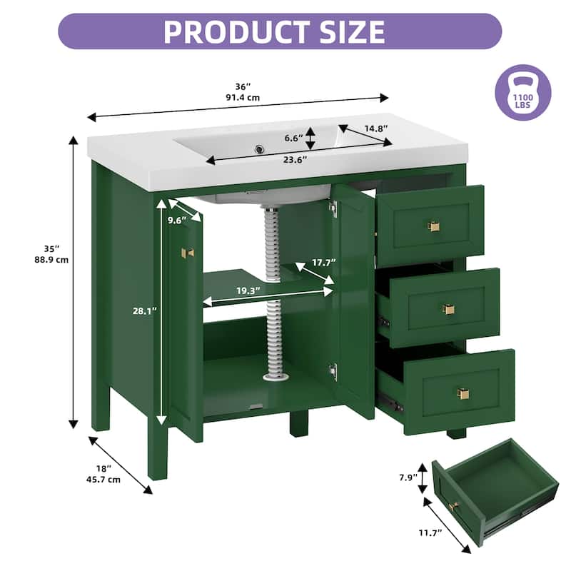 Moasis 36"/42" Bathroom Vanity with Sink Set and 2 Soft-Closing Doors & 3 Drawers - 36 Inch - Green