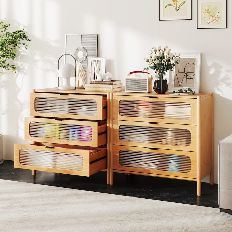 Contemporary Wicker and Glass Storage Cabinet 3 Drawers for Bedroom Entryway or Living Room - 31.5" x 16" x 31"
