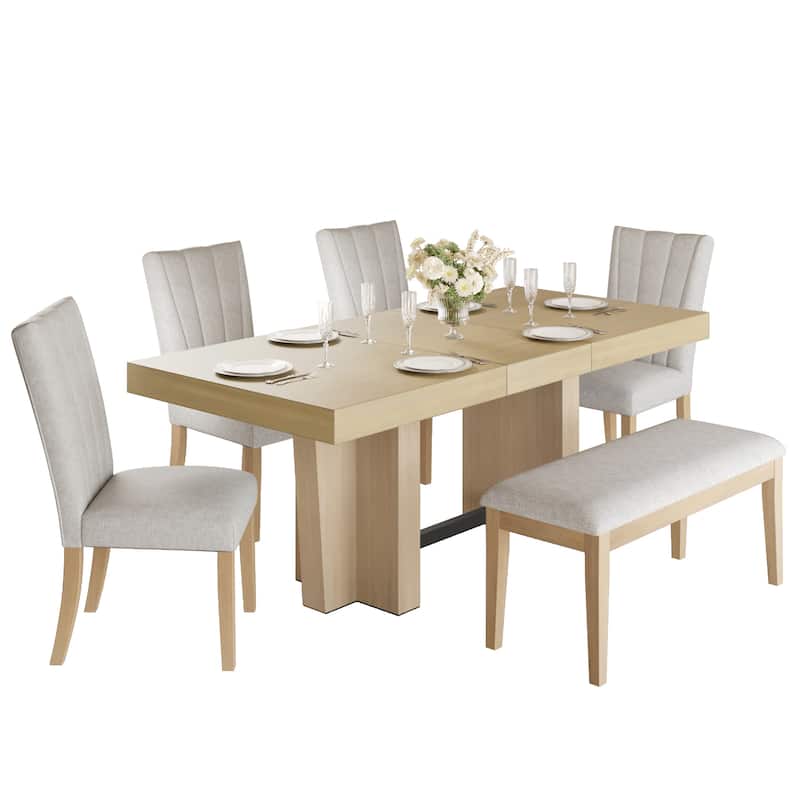 Farmhouse 78.1" Expandable Dining Set‌ – Includes Bench & 4 Upholstered Chairs, 3.8" Thick Tabletop with Trestle Base.