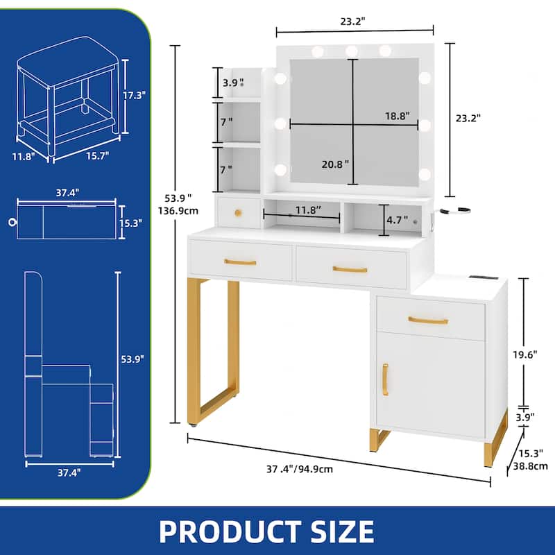 Vanity Desk Makeup Table Light Strip Mirror Dressing - 35.4"L x 15.7"W x 53.5"H