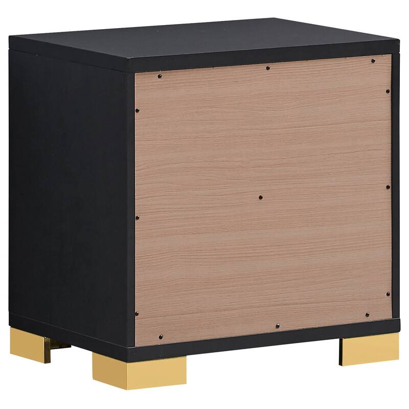 Modern Black 2-Drawer Nightstand with Gold Metal Accents, Geometric Art Deco Design, Smooth Glide Drawers