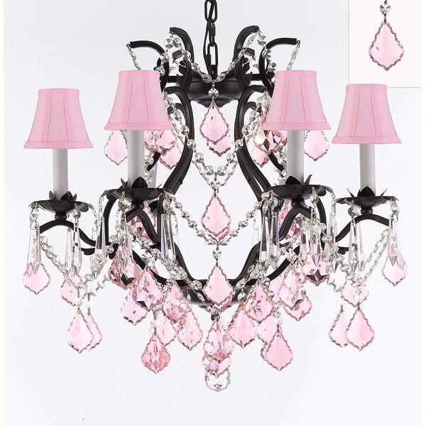 Iron & Crystal Chandelier with Pink Crystals & Pink Shades - Black