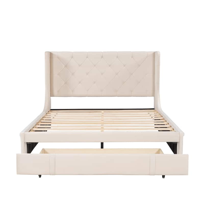 Queen Size Storage Bed Velvet Upholstered Platform Bed with Wingback Headboard and a Big Drawer (Beige)