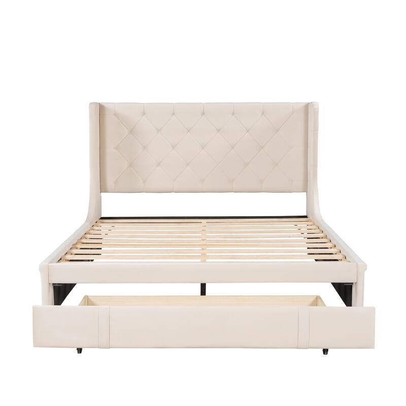 Velvet Queen Platform Bed with Wingback & Drawers