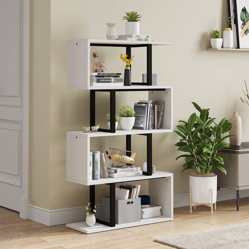 Hermoth Wood 5 Tiers Bookshelf S-Shaped Z-Shelf Style Bookcase Storage Display