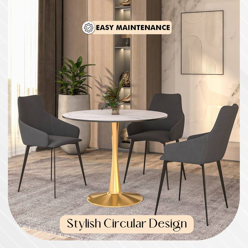 LeisureMod Bristol 35" Round Dining Table for 4 with MDF Tabletop in Gold Steel Base for Kitchen & Dining Room