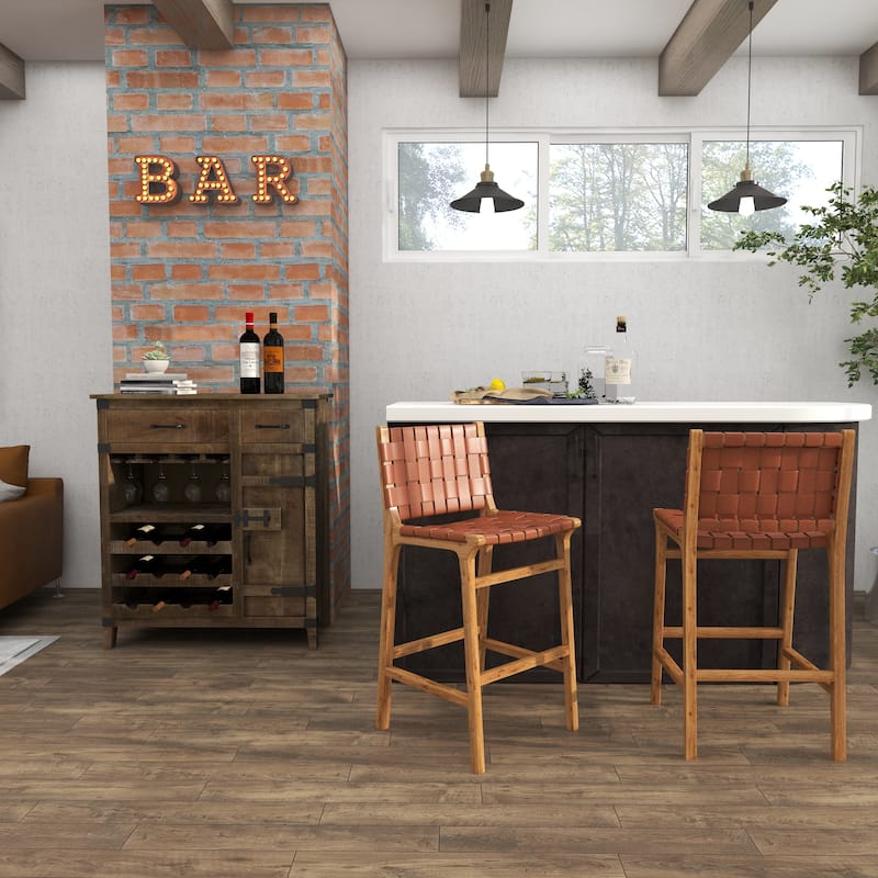 Camel Brown or Black Teak Wood Woven Leather Seat and Back Bar Stool with Beam Footrest