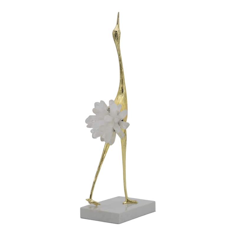 Metal Modern Crane Sculpture with Crystal Accents and Marble Base