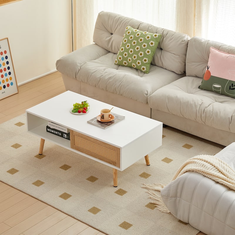 41.34" Farmhouse Coffee Table Featuring Sliding Door Rattan Coffee Table Center Sofa Table With Solid Wood Legs