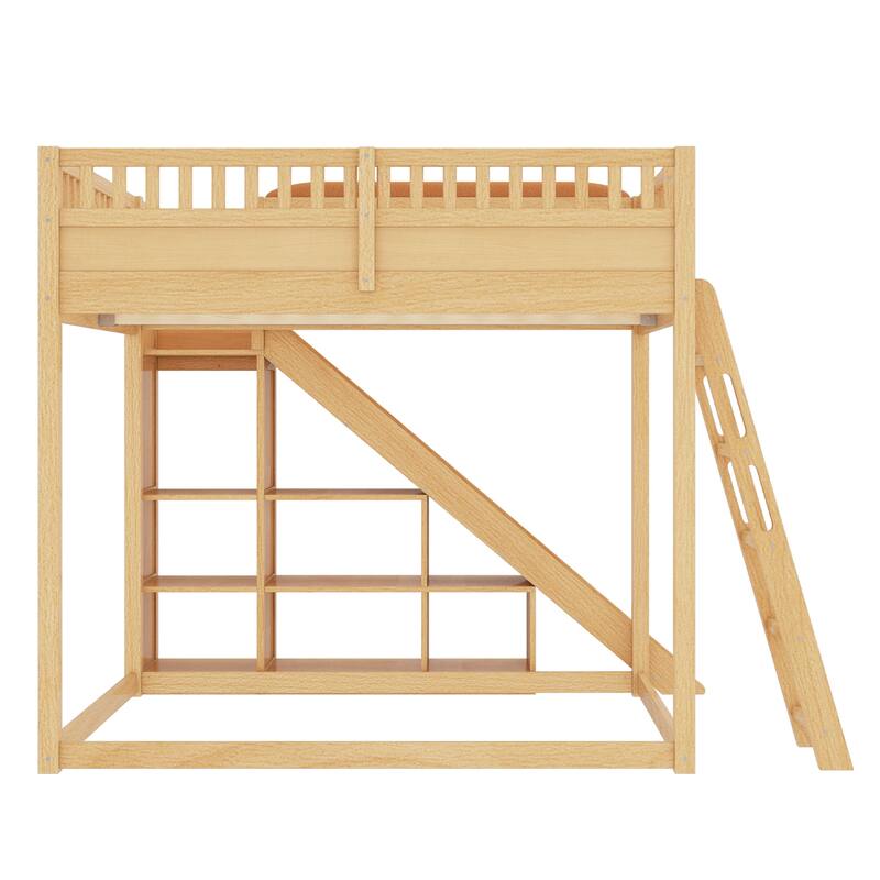 Roomfitters Loft Bed with Upholstered Headboard and Slide, Storage Shelves and Ladder