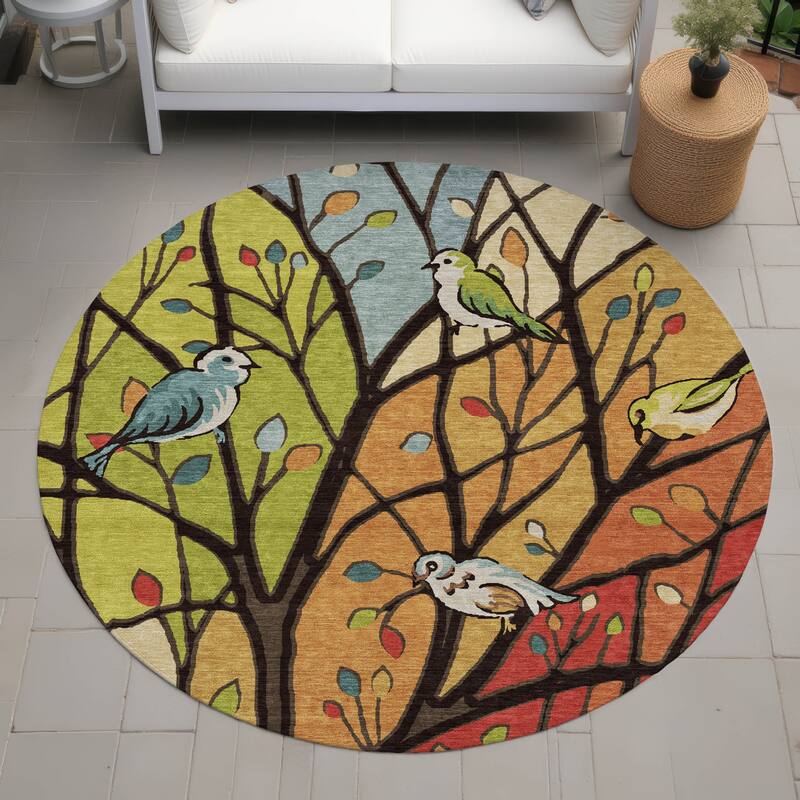 Machine Washable Indoor/ Outdoor Bird Mosaic Chantille Rug - Gold - 8' x 8'