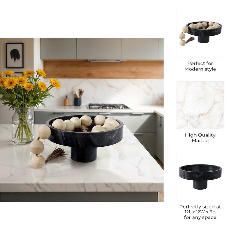 Marble Decorative Bowl Modern Pedestal Base Organizer - 6" Black - 12" x 12" x 6"