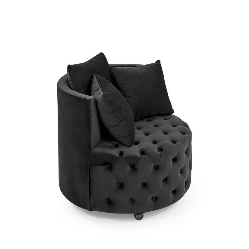 Roomfitters Velvet Swivel Chair with Tufted Button Design, Round Accent Chair with 3 Pillows and Wheels, Lounge Seating