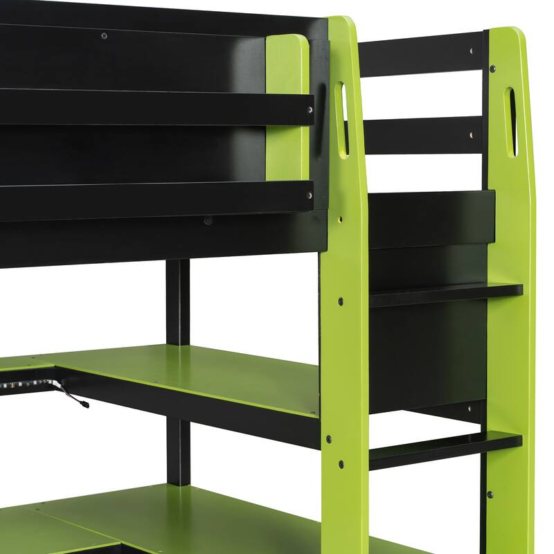 Loft Bed with Wraparound Study Hub, Side Storage Rack, USB Charging & RGB Light by Harper&Bright Designs