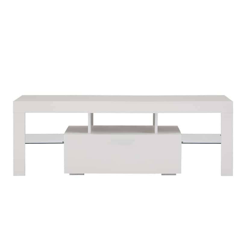 Modern TV Stand with RGB LED Lights & Remote, Tempered Glass Shelves