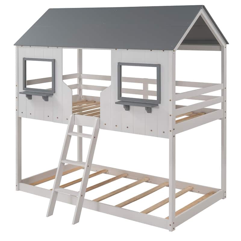 Merax Twin Over Twin House Bunk Bed with Guardrail & Ladder