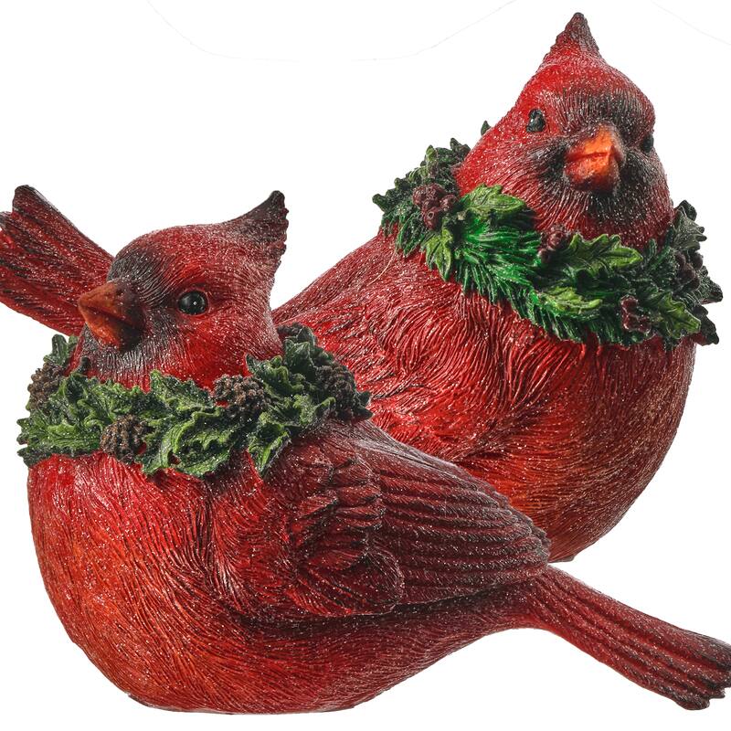 6.5" Resin Glitter Cardinal With Holly Set of 2