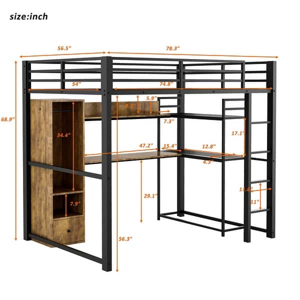dimension image slide 1 of 2, Stylish & Simple Full Size Metal Loft Bed with Built-in Wardrobe, Desk and Shelves, Sturdy Construction & Unique Design, Black