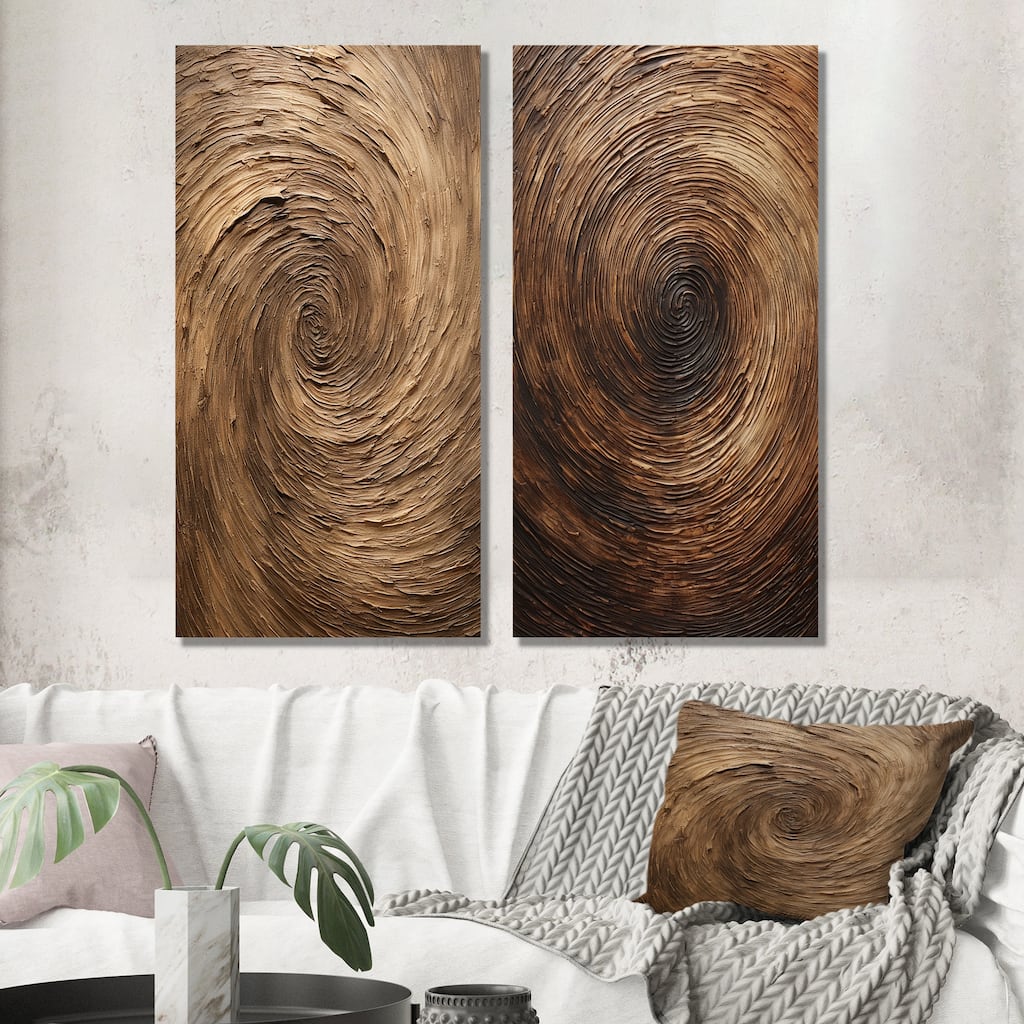 Designart "Brown Calm Current Spiral" Abstract Spirals Canvas Set Of 2 - Modern Wall Art Set - Brown Wall Decor 2 Pieces