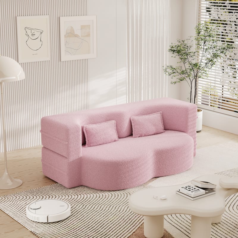 Teddy Fabric Floor Sofa with 2 Pillows - Pink