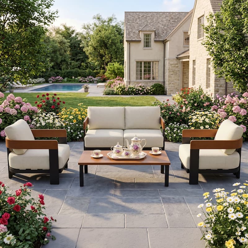 4-Piece Outdoor Patio Sofa Set with Coffee Table Rust-Resistant Steel Frame， Waterproof & UV-Resistant Olefin Cushions