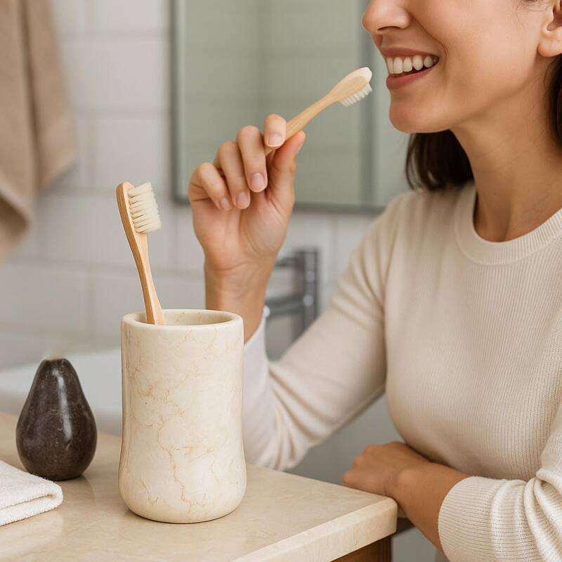 Creative Home Curvy Collection Champagne Marble Tumbler, Toothbrush Holder, Makeup Brush Organizer - Beige