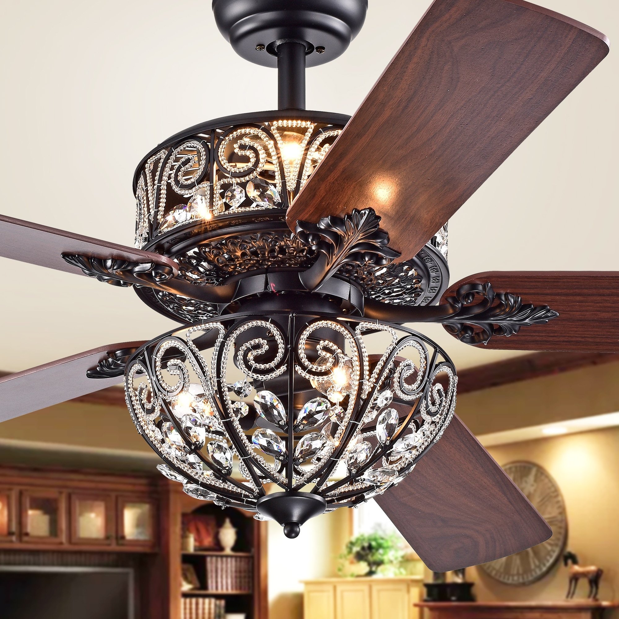 Warehouse of Tiffany Tisaphon Dual Lamp Crystal Embellished 52-inch Fan Chandelier - 52-inches Diameter
