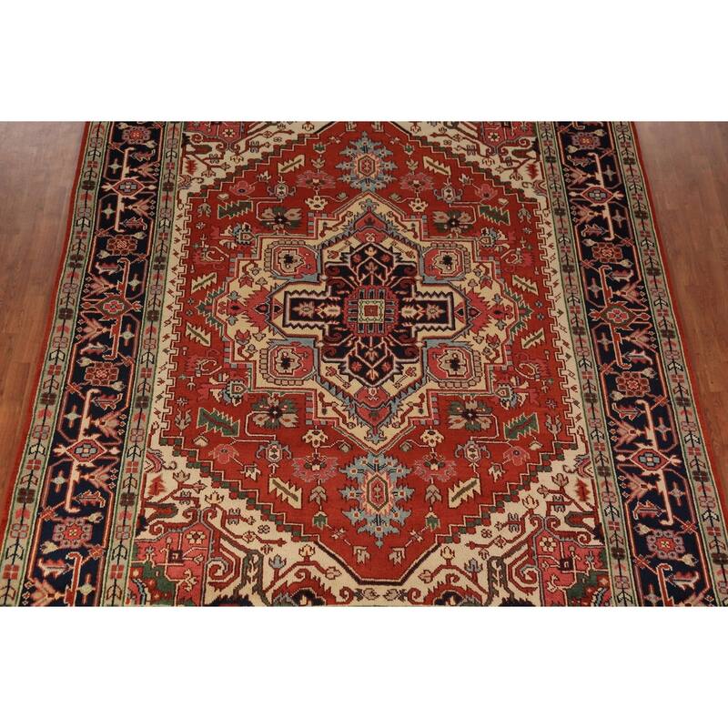 Geometric Heriz Serapi Indian Area Rug Hand-Knotted Wool Carpet - 8'11"x 11'7"