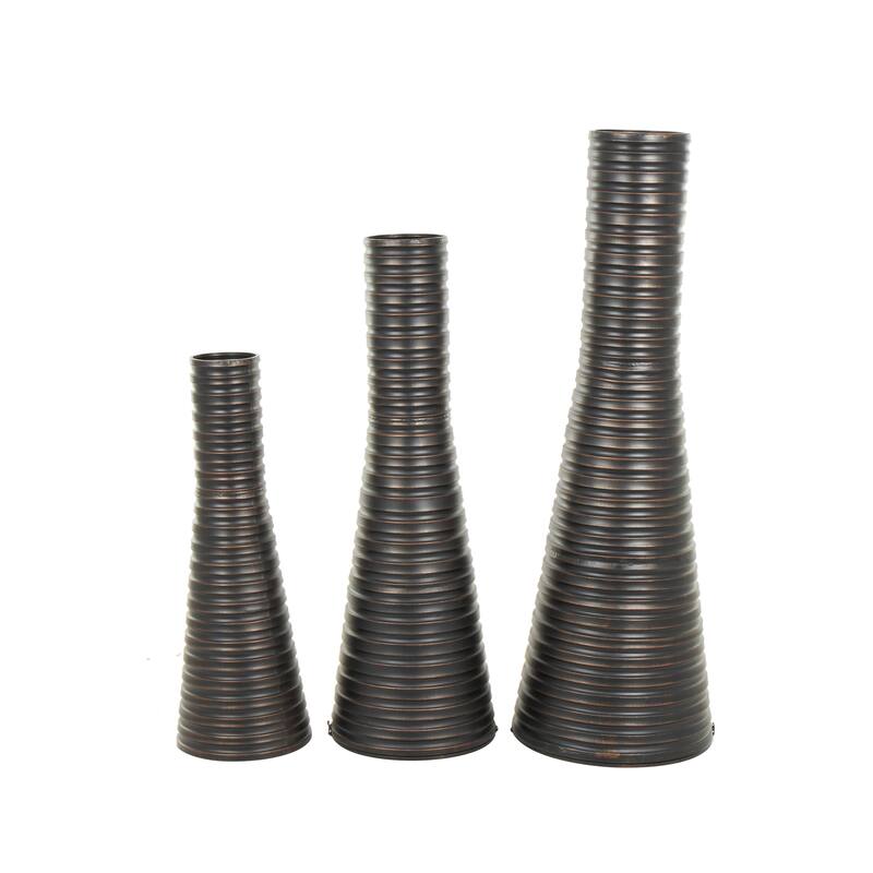 Bronze Metal Ribbed Tall Cone Floor Decorative Vase with Horizontal Grooves (Set of 3)