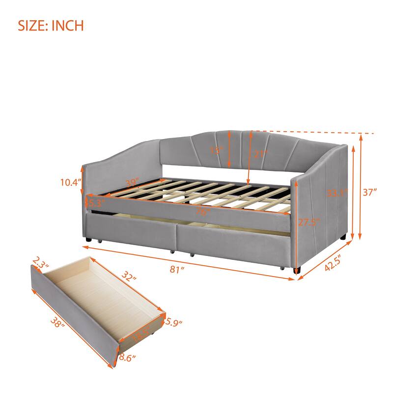 Elegant Twin Daybed with Velvet Upholstery, Drawers for Storage, and Sturdy Frame