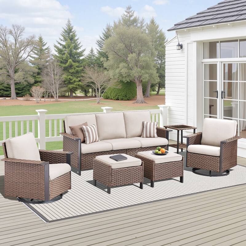 Pocassy Outdoor Wicker 5-Piece Sofa Swivel Chair Table with Ottoman - Brown Wicker Beige Cushion - 5-Piece Sofa Swivel Chair Table with Ottoman