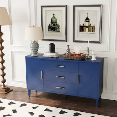 Navy Blue Storage Cabinet Sideboard with 3 Drawer & Curved Desktop