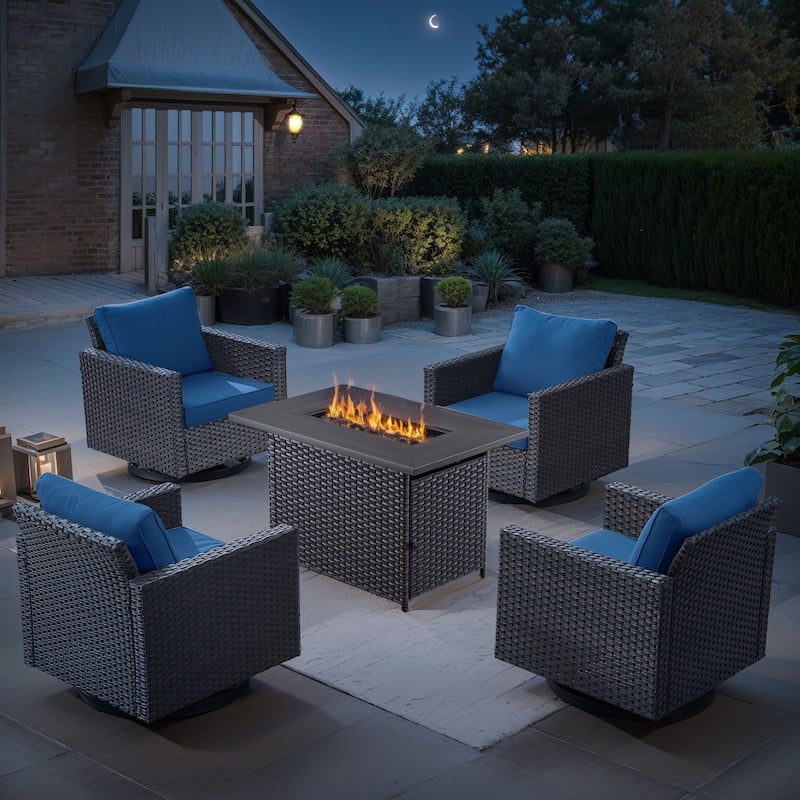 Outdoor Fire Pit Table with Patio Funiture - Brwon Wicker Blue Cushion - 4 Swivel Chair w/ Fire Table