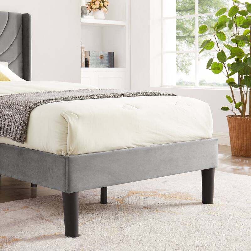 Javlergo Upholstered Platform Bed Frame with Modern Wingback Headboard, Dark Grey