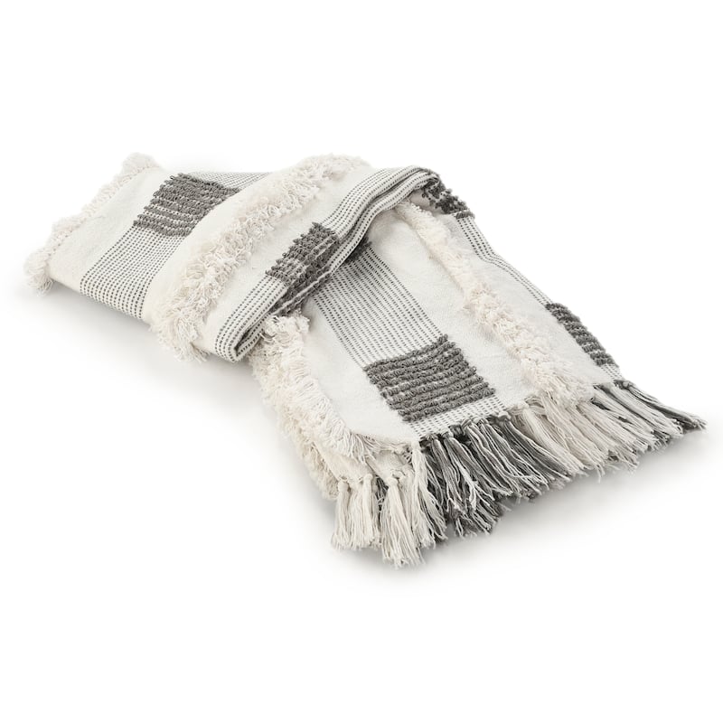 Sevita Gray/ Cream Checkered Hand-Woven Cotton Standard Size Throw Blanket