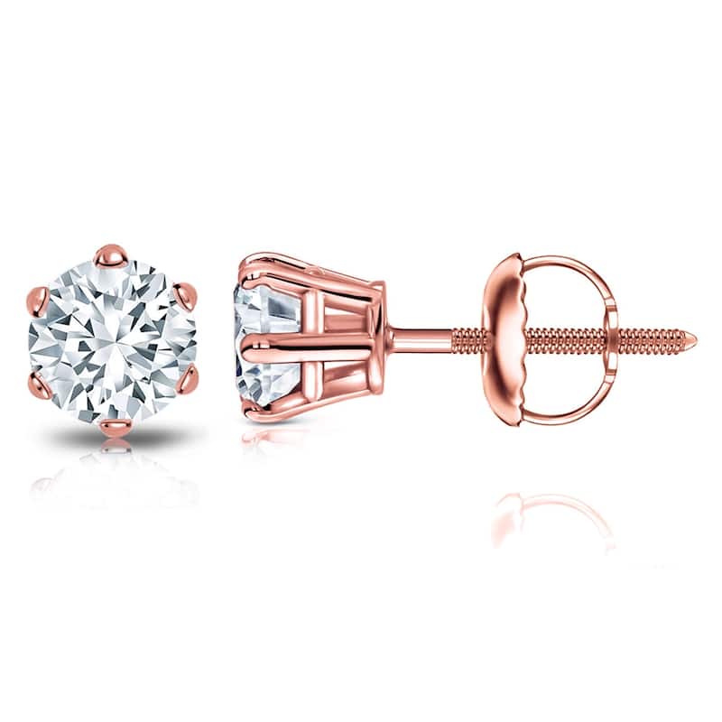 Auriya 1 1/2ctw Round Diamond Stud Earrings 14k Gold 6-Prong (H-I, SI1-SI2) - Rose