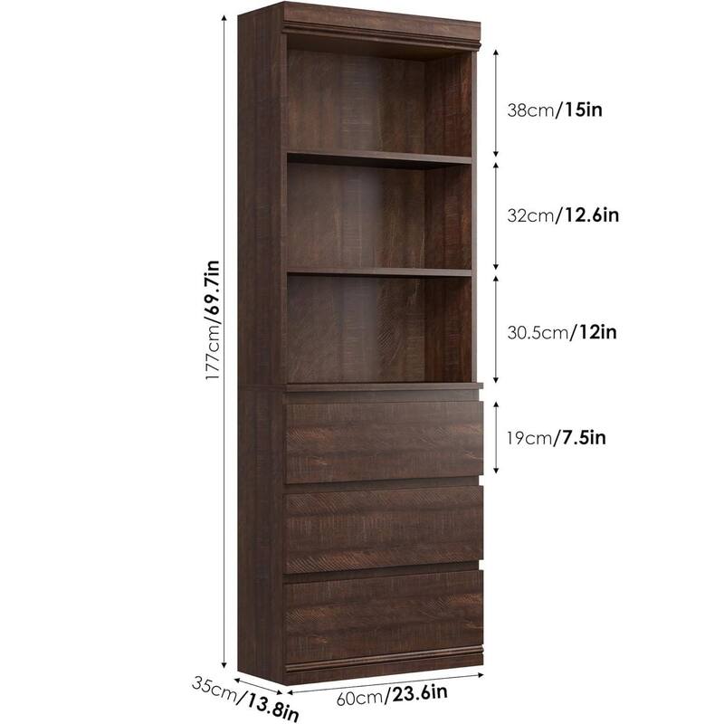 70 Inch Freestanding Modern Tall Bookcase with 3 Drawers - N/A