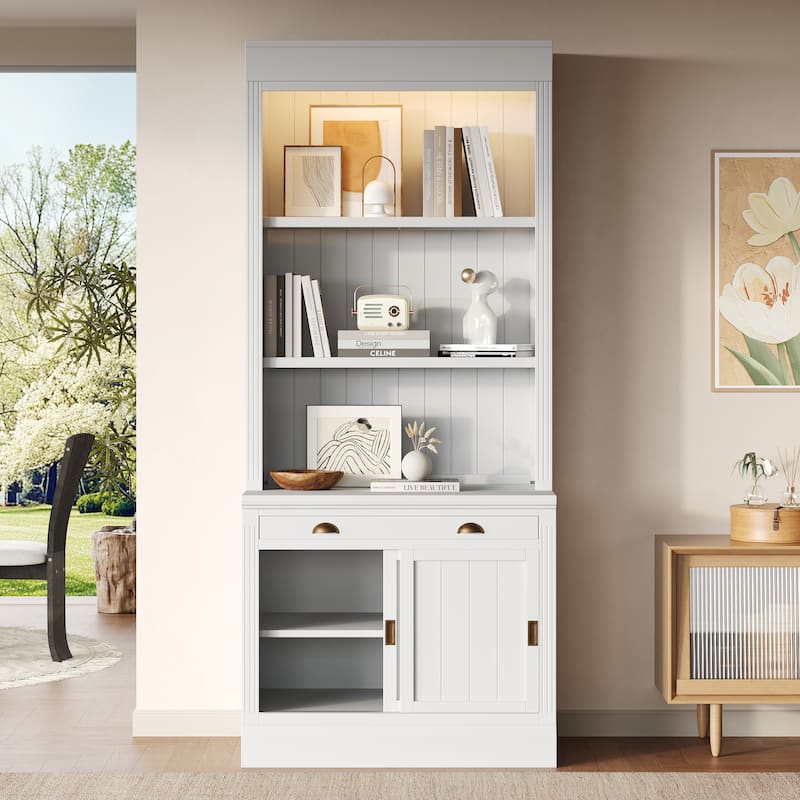 2-Piece Freestanding Bookcase Set, 83.4" Tall Storage Bookshelf with LED Lights, Sliding Doors, Drawer & Open Shelves
