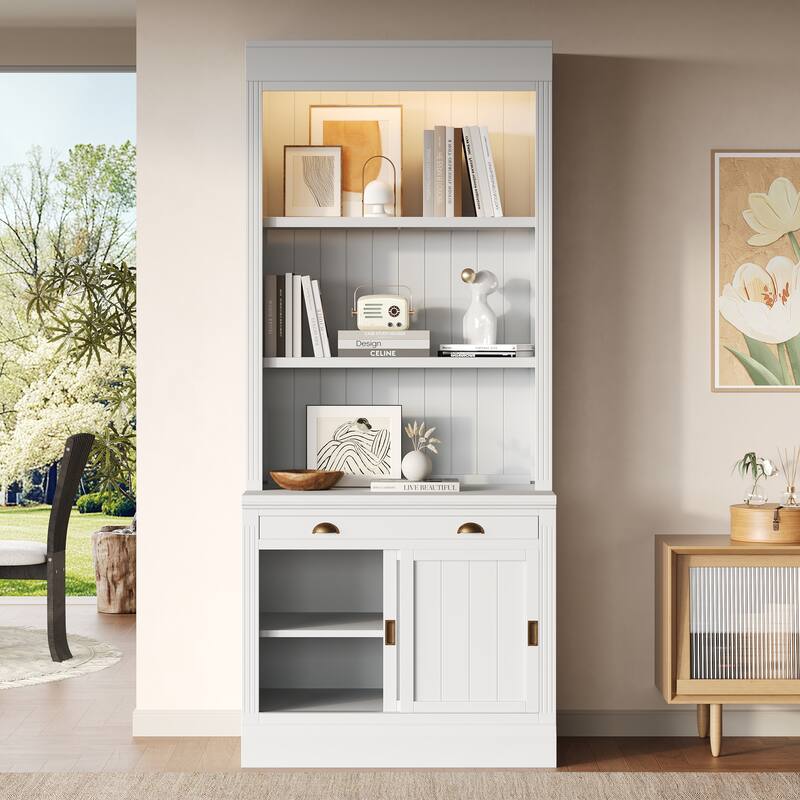 83.4" Modern LED Bookshelf with Sliding Doors & Open Shelves - Space-Saving Storage Bookcase for Living Room and Home Office