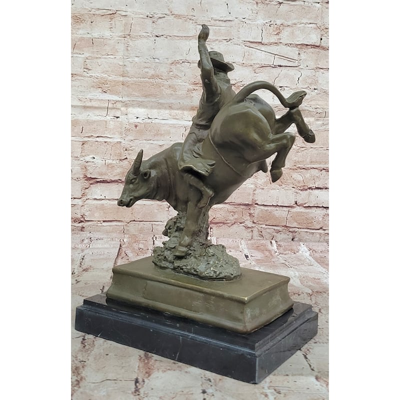 Bronze Imitative Bull Rider Sculpture On Marble Base – Western Rodeo Art