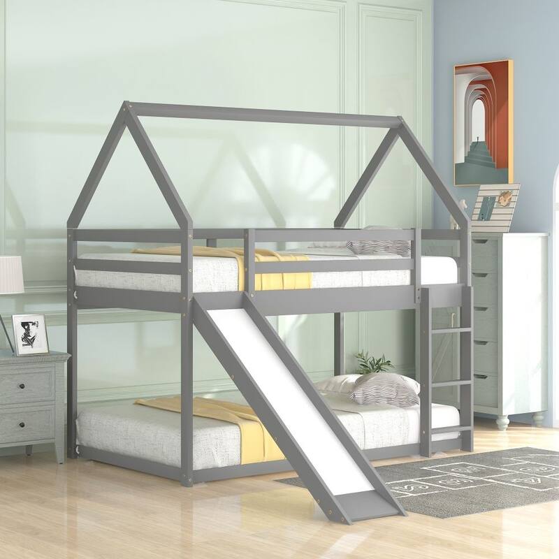 Twin Size Bunk House Bed with Slide and Ladder - Grey
